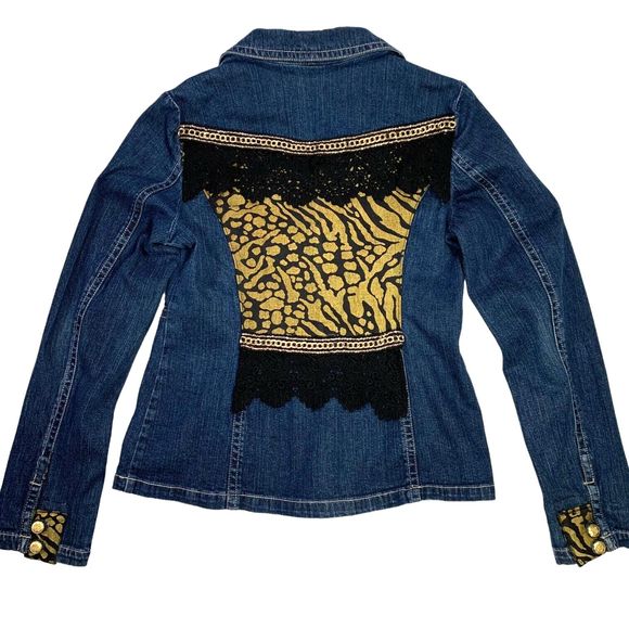 Elegant Boho Denim Jacket Black Lace Gold Chain Rockstar Y2K Goth Glam - Picture 9 of 16